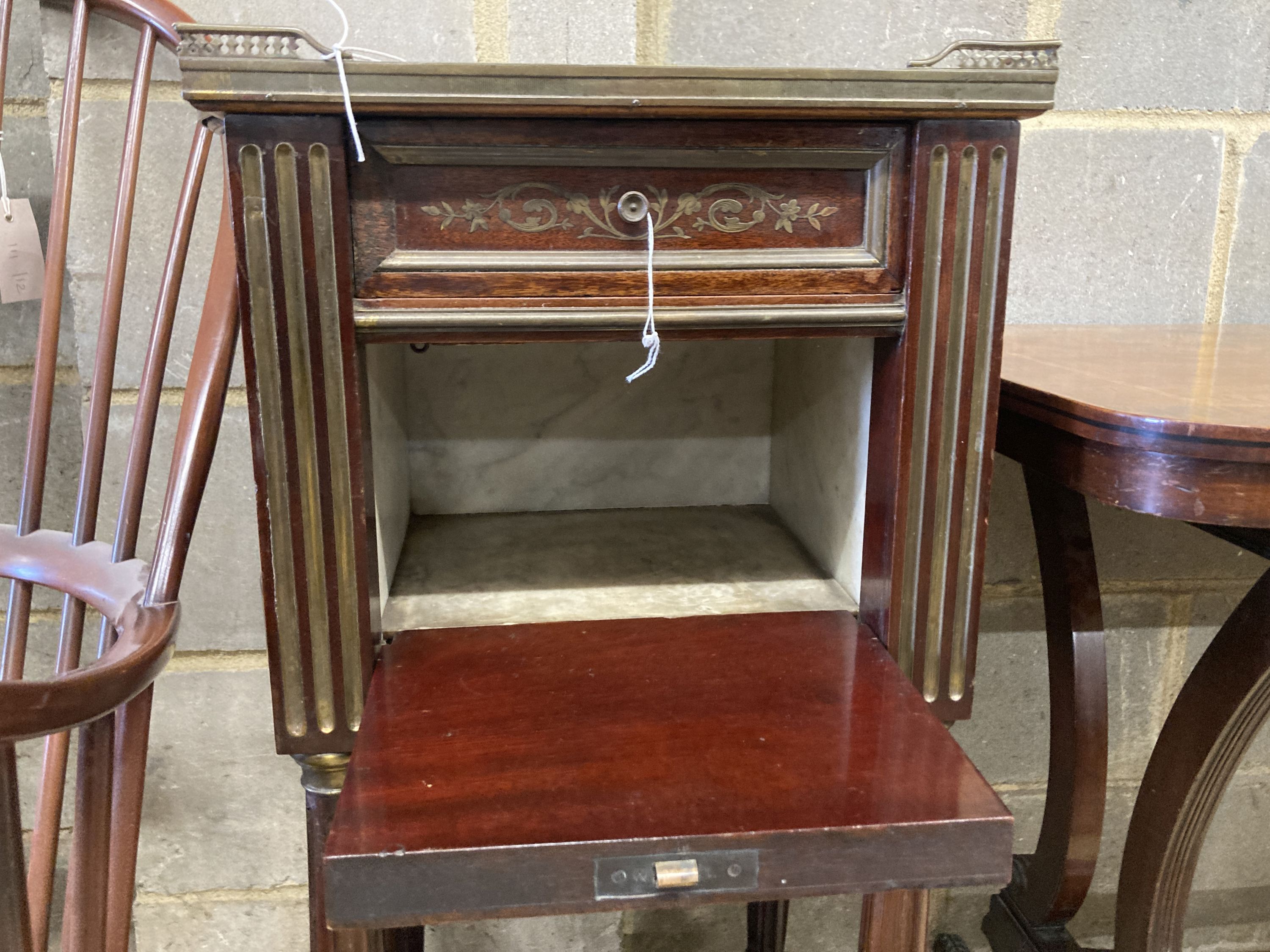 A 19th century French marble top brass inlaid bedside cabinet, width 46cm, depth 35cm, height 90cm